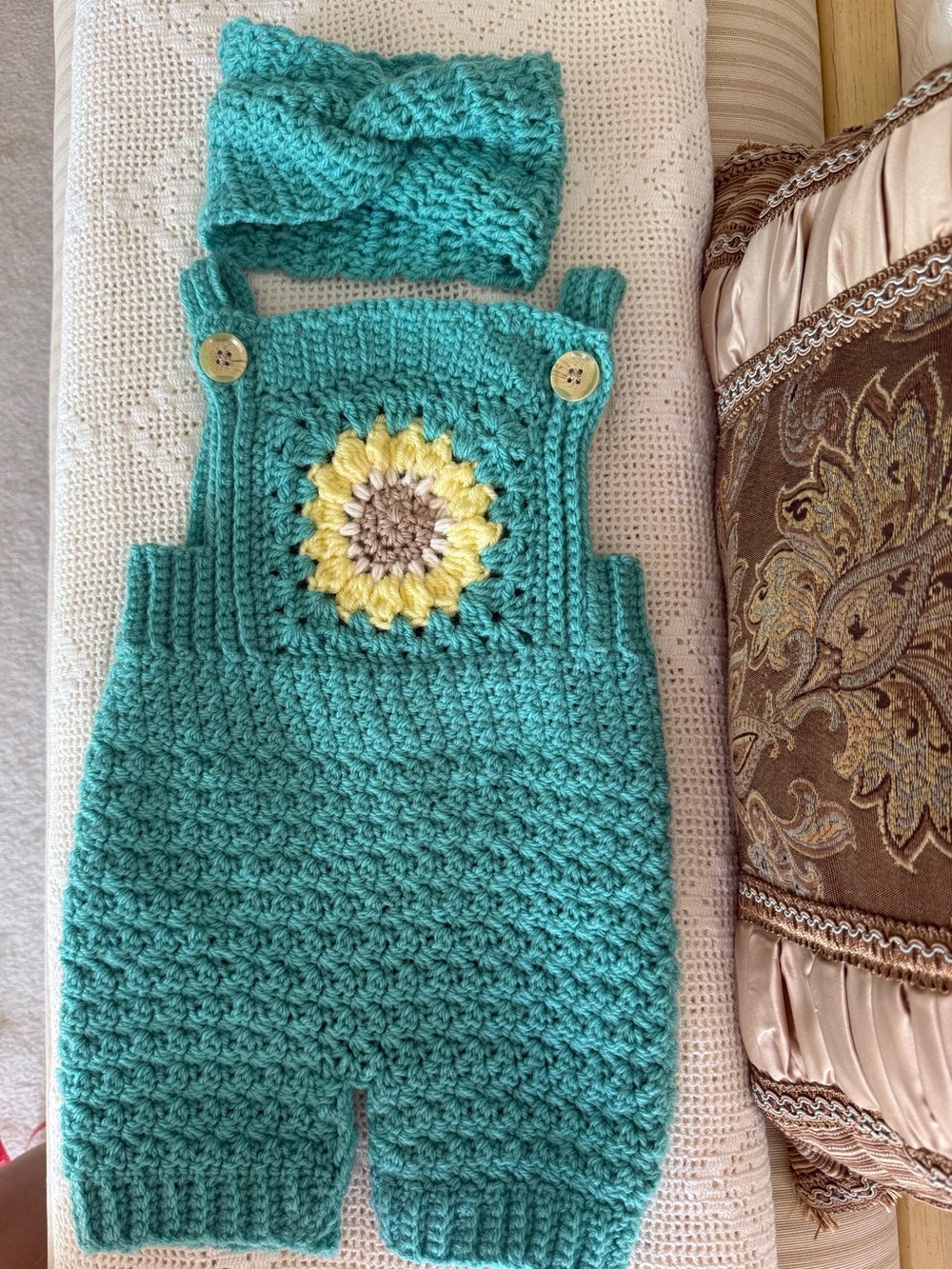 Handmade Teal Crochet Baby Overalls with Sunflower Accent and Matching Headband
